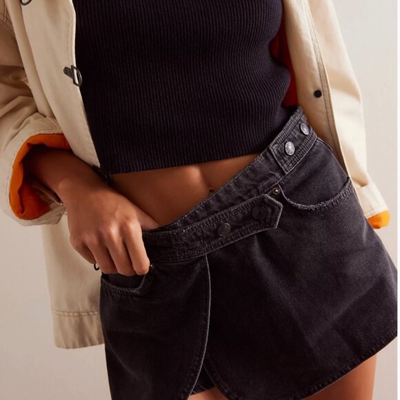 NWT $98 We The Free Free People Maxine Denim Skort Mini Sz 27 Black 100% Cotton - Picture 2 of 12